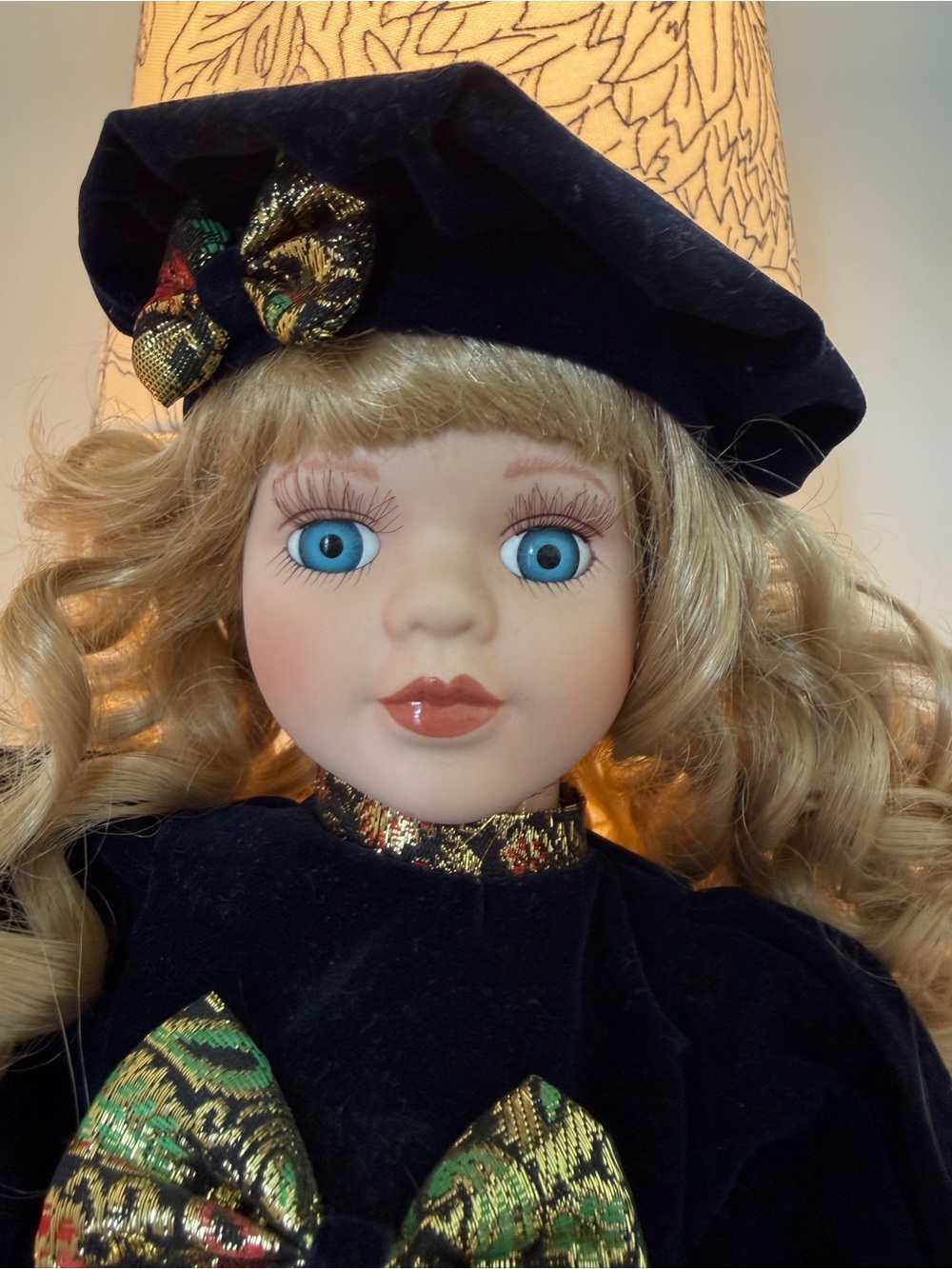 Collectible Blonde Curly-Hair Porcelain Doll in Navy and Gold - Picture 4 of 7
